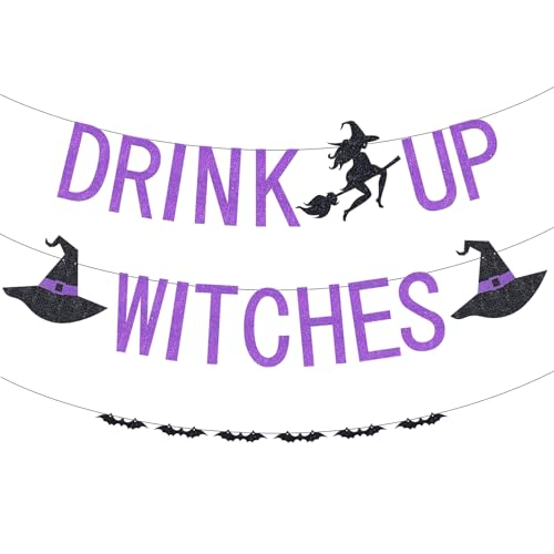 Halloween Drink Up Witches Banner & Bat Garland Set - Purple Glitter Party Decorations