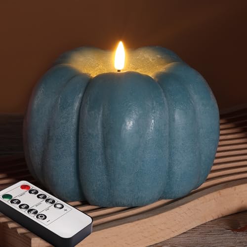 Eywamage Dusty Blue Pumpkin Flameless Candle with Remote - Fall Decor