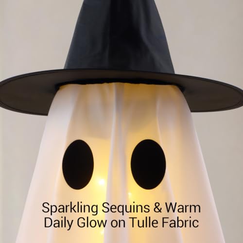 2-Pack Indoor Light-Up Ghost Halloween Decorations with Witch Hats - Spooky & Cute