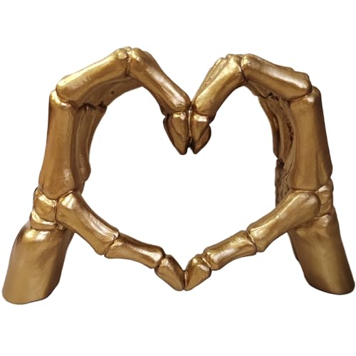 Gold Skeleton Hands Heart Gesture Statue - Love Sculpture Decor for Shelf or Desk