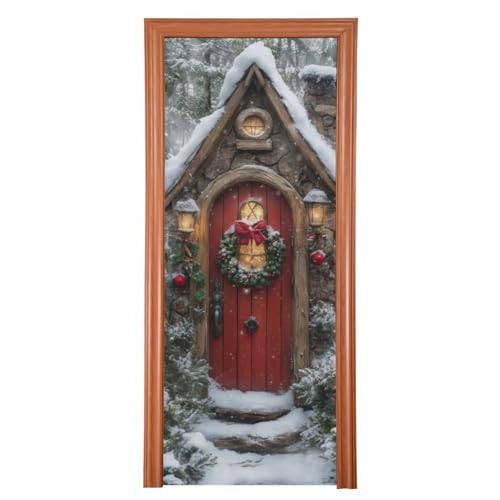 Christmas Fairy Door Cover - Stretch Fabric Porch Decoration 35x79 in - Holiday Door Cover