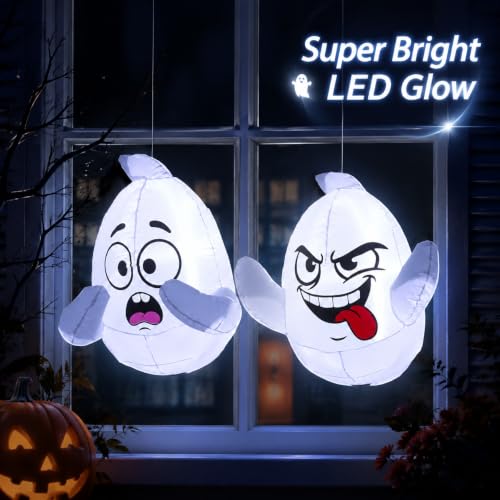 Halloween Inflatable Window Ghosts - 3.5 Ft Flying Ghost Decorations with LEDs & Suction Cups - White Ghost Variation