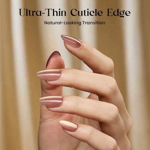 Beetles Gel Polish Short Almond Press On Nails - Motion Luster Glow, Cat Eye Finish