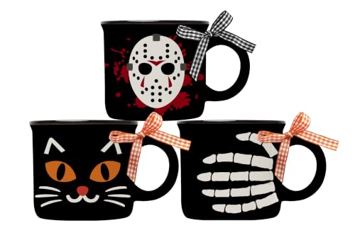 Halloween Spooky Face Mini Coffee Mug Set - Black Cat Skeleton, Orange Variation