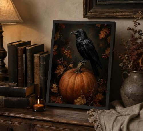 Framed Gothic Raven on Pumpkin Wall Art - Halloween Autumn Decor, 16x12 Inches