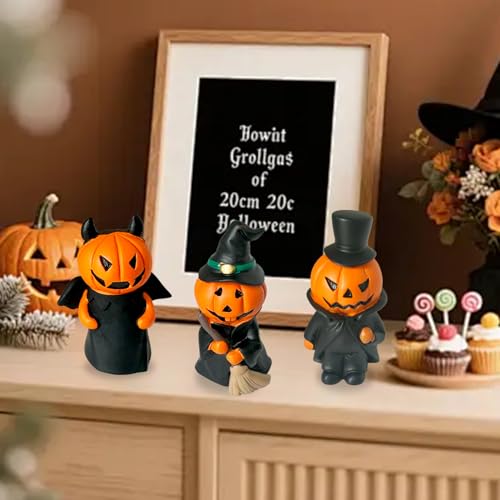 Halloween Miniature Pumpkin Figurines Set of 3 - Resin Decorations for Tabletop Fireplace Mantle Indoor Gifts