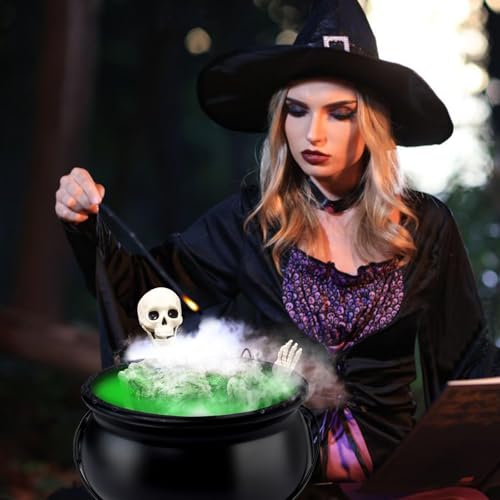 Large Green Halloween Witches Cauldron Diffuser with Skeleton & LED Fog Lights