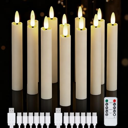 Rechargeable Flameless Taper Candles with Remote & Timer Set - Ivory, 12 Pieces
