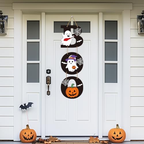 Halloween Door Sign with Ghost and Pumpkin Decorations - Festive Wall Hanging