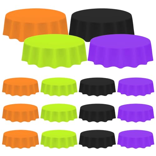 Halloween Round Tablecloths Set - 12 Disposable 84 Inch Plastic Covers - Black, Orange, Purple, Green