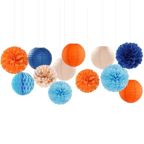 Navy Blue Orange Champagne Party Decorations Kit - Tissue Pom Poms Lanterns Honeycomb - Pink Variation