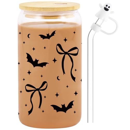 Halloween Glass Cup 16 Oz Bat Tumbler with Ghost Straw Topper - Black Bat Variation