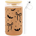 Halloween Glass Cup 16 Oz Bat Tumbler with Ghost Straw Topper - Black Bat Variation