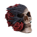 Gothic Skull Figurine with Red Roses and Black Smoke - Hand-Painted Resin Decor