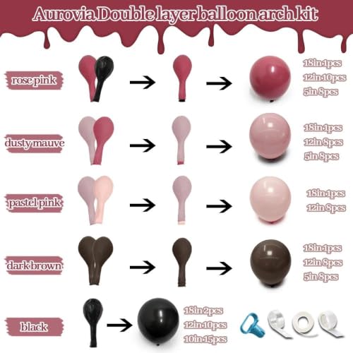 Pink Black Balloon Arch Kit - Double Stuffed Dusty Rose Pink & Brown Balloons - Variation of Pink Black Brown