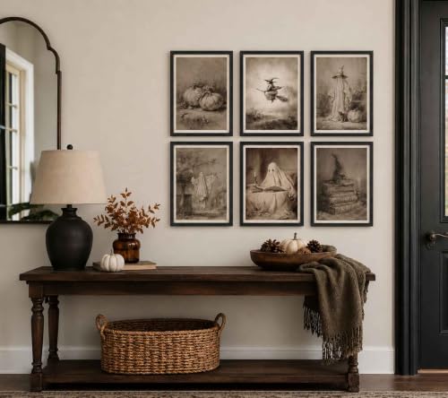 Sketch Halloween Wall Art Set - Unframed 16x12 Inches, Vintage Gothic Style