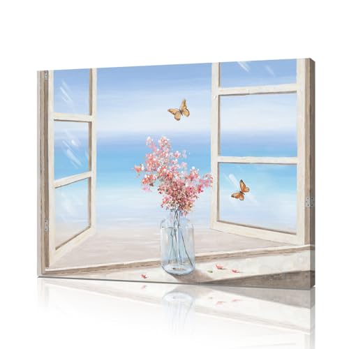 Pink Floral Bathroom Wall Art Canvas with Ocean View Window - 16x12in - Wall Decor