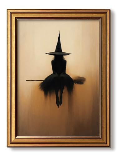 Vintage Halloween Wall Art Witch on Broomstick Gold Frame 8x10
