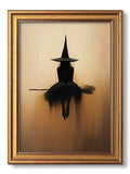 Vintage Halloween Wall Art Witch on Broomstick Gold Frame 8x10