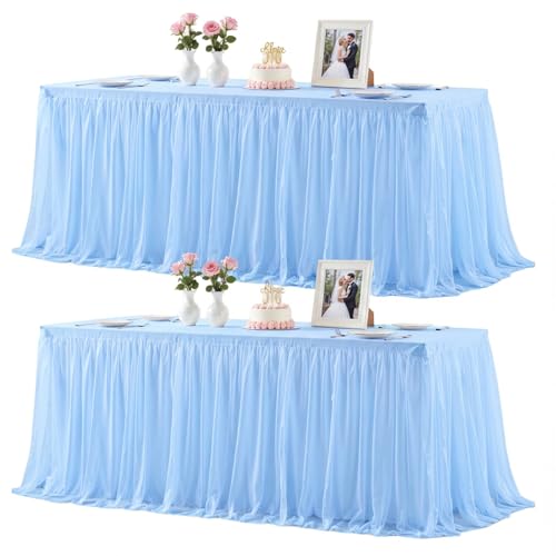Baby Blue 6ft Rectangle Tablecloth with Ruffle Skirt - 2 Pack, Spandex & Tulle