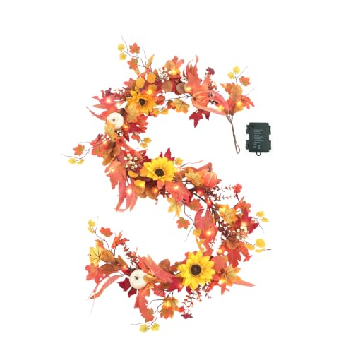 Fall Orange Lighted Garland with Leaves Pumpkins Sunflowers for Mantel - 6 FT