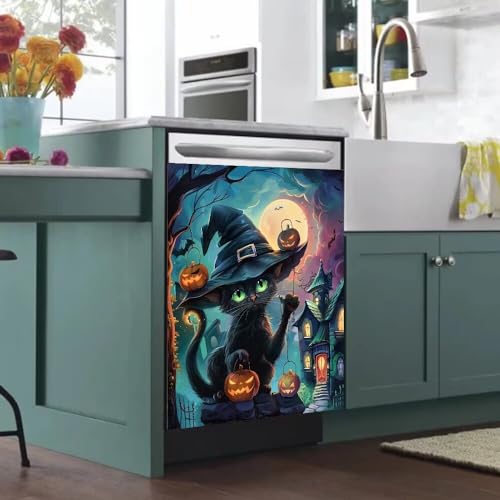 Halloween Pumpkin Theme Magnetic Dishwasher Cover - Black Cat Kitchen Decor 23" x 26"