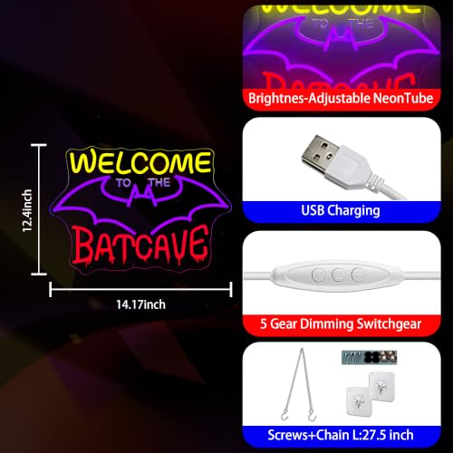 Bat Cave Neon Sign - Dimmable USB Powered Wall Light for Man Cave, Living Room, Bar, Party, Yard, Home Decor - Variation: Bat