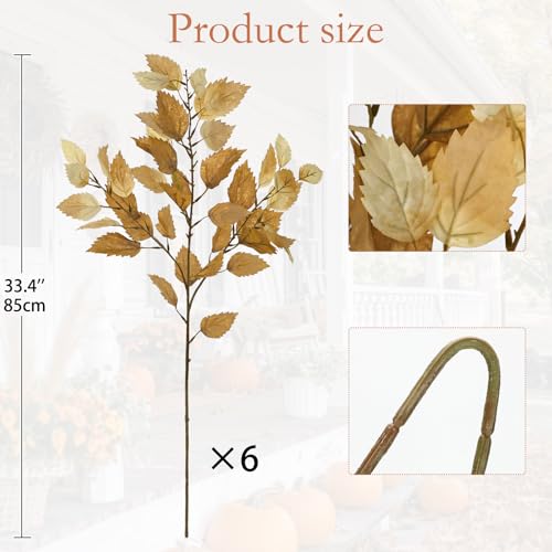 Artificial Fall Birch Leaves Stem - Light Brown 6 Pcs Faux Autumn Greenery, 33.4" Tall for Thanksgiving & Wedding Decor