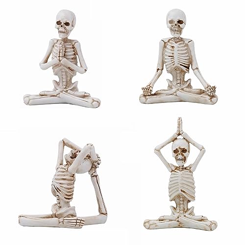 Set of 4 Halloween Skeleton Yoga Figurines - Indoor Resin Skull Decor