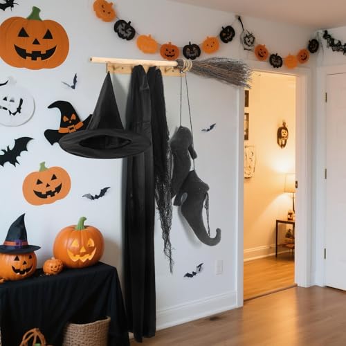 Halloween Witch Decoration Set with Wooden Broom & Accessories - Porch Decor