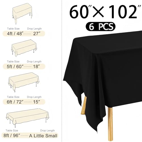 60x102 Inch Black Rectangle Table Cover - Pack of 6 Washable Polyester Tablecloths