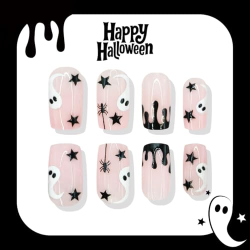 Halloween Press On Nails - Medium Square Ghost Spider Star Style-45
