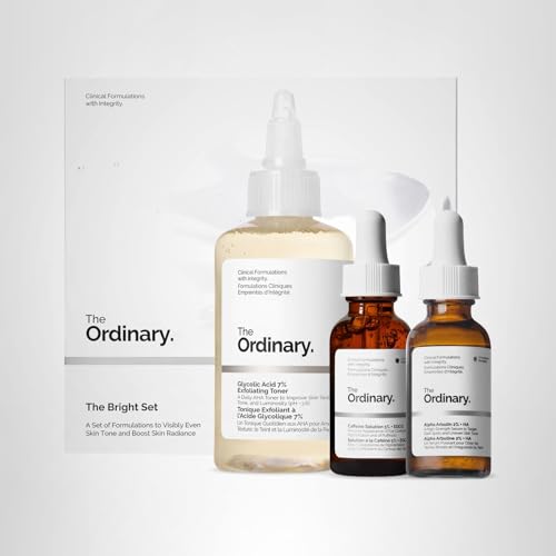 The Ordinary The Bright Set, 3-Step Regimen for Radiant, Even Skin Tone with Glycolic Acid 7% Exfoliating Toner, Alpha Arbutin 2% + HA, and Caffeine Solution 5% + EGCG | Skin Care Set