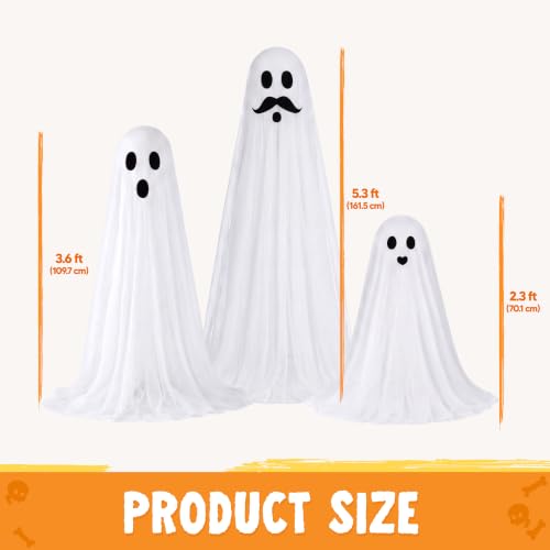 Outdoor Light-Up Ghost Decorations Set - Spooky Halloween Yard Props, 3 Pcs with Warm LED Lights
