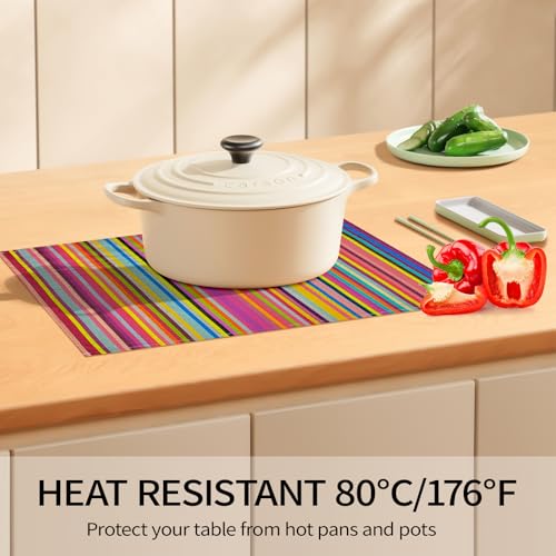 Rainbow Set of 4 Faux Linen Placemats - 12x18 Inch Dining Table Mats