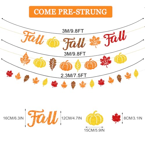 Fall Banner and Garland Set with Glitter Leaves and Pumpkins for Autumn Party Decorations