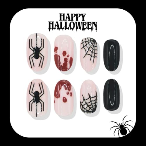 Halloween Press On Nails - Oval Medium Style-48 Spider Blood Drop, Reusable