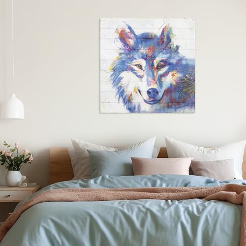 Blue Wolf Wall Art Canvas - Handmade Ribbon 20x20 Framed Animal Decor
