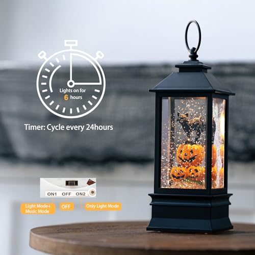 Halloween Snow Globe Lantern with Witch's Black Cat in Pumpkins - Spooky Music & Glitter, USB/Battery Operated - 10 Inch - Variation: Black Cat in Pumpkins