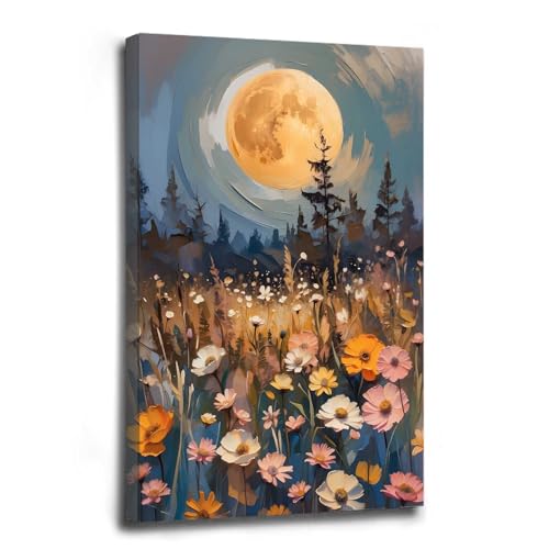Wildflowers Wall Art Decor - Gothic Enchanted Full Moon Oil Painting Canvas - Framed 12x18in
