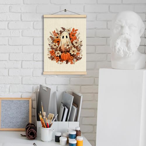 Halloween Ghost Farmhouse Wall Decor - Rustic Fall Wooden Poster with Hanger, 17 x 12.5 Inches
