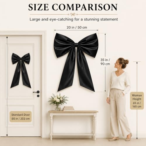 Large Black Satin Bow Wall Decor - 20x35 Inch Pre-Tied Ribbon for Gothic & Party Backdrops