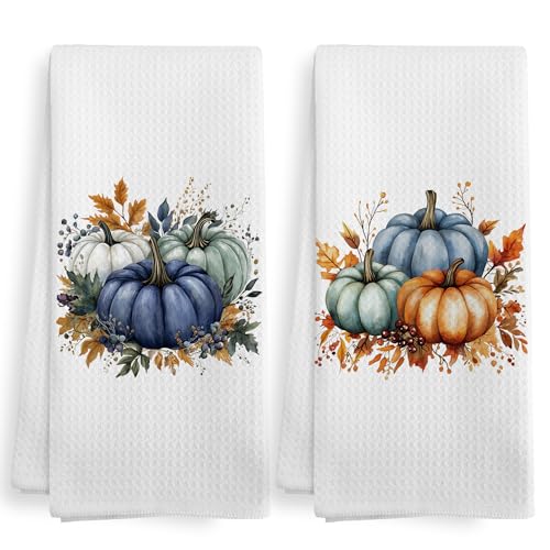 Fall Pumpkin Kitchen Towels & Dishcloths Set - Blue Pumpkin Variation, 16x24 Inches