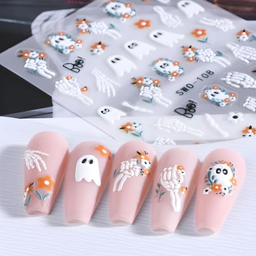 Halloween Nail Stickers Ghost & Spider Web Design - Colorful 1, 4 Sheets