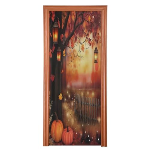 Thanksgiving Pumpkin Harvest Door Cover - Stretchy Fabric, 35x79 Inches - Holiday Home Decor
