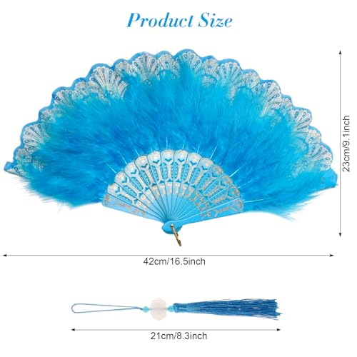 Foldable Feather Fan with Embroidered Flowers - Light Blue 1920s Style Handheld Fan for Costume & Wedding