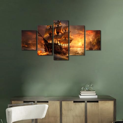 Pirate Ship Canvas Wall Art - Sea Landscape Painting, Framed 60"x32" - Fantasy Sailing Decor