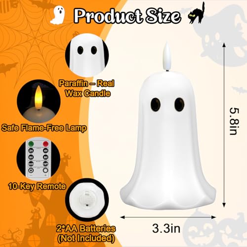 Halloween Ghost Candle Lights 2pcs with Remote - Flameless LED Ghosts with Timer, Indoor Outdoor Spooky Decorations
