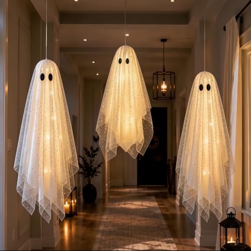 Hanging Ghosts Halloween Decorations with Lights - Set of 3 Indoor Outdoor - Spooky Ghosts for Yard Porch Door
