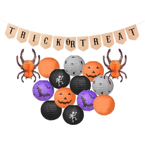 Halloween Paper Lanterns Set - Spider Bat Skeleton Pumpkin Decorations, 15 Pieces, 12 Inches, Colors